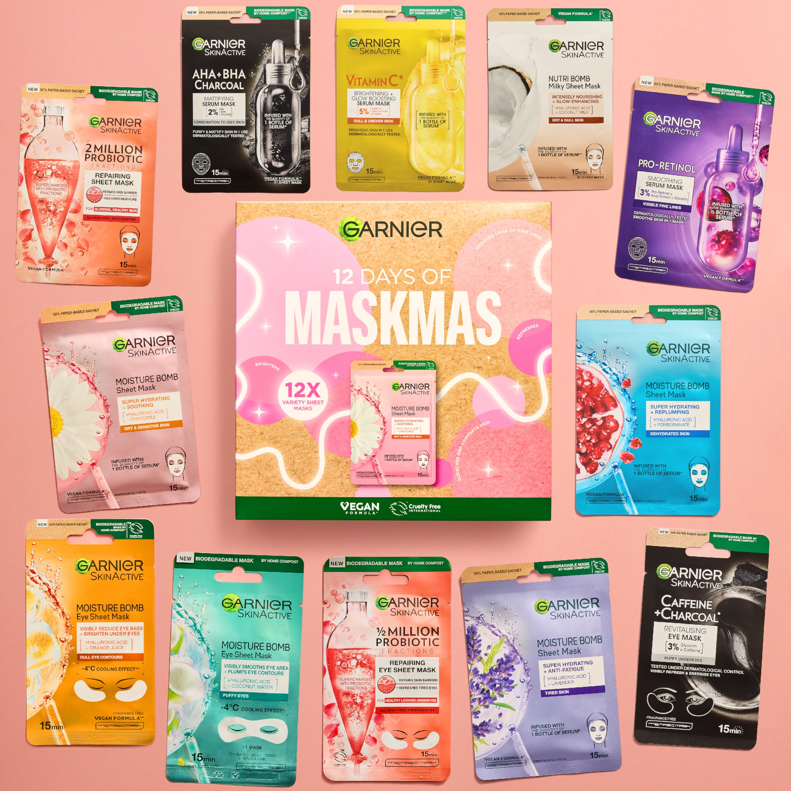 Garnier 12 Days of Maskmas Giftset - For skin in need of a refresh - Reduces look of fine lines & quenches skin